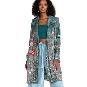 JOHNNY WAS PACO TEAL COTTON EMBROIDERED HOODIE DUSTER SIZE US XS